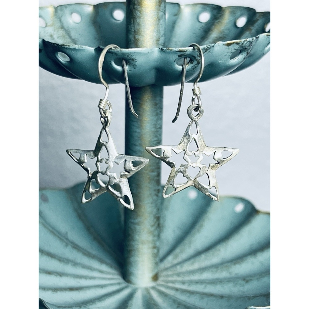 Earrings Sterling Silver Star Cut‎ Out Hearts Dangle French Wire Lightweight